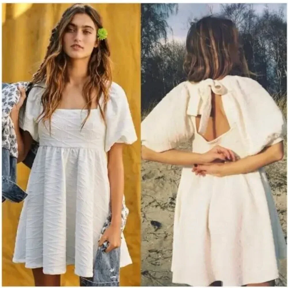 Free People Violet Puff Short Sleeve Mini Dress Textured Pocket White New Medium